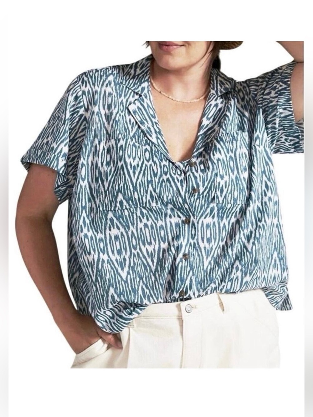 Anthropologie Pilcro Ikat Print 100% Cotton Blouse Top Teal Size Small